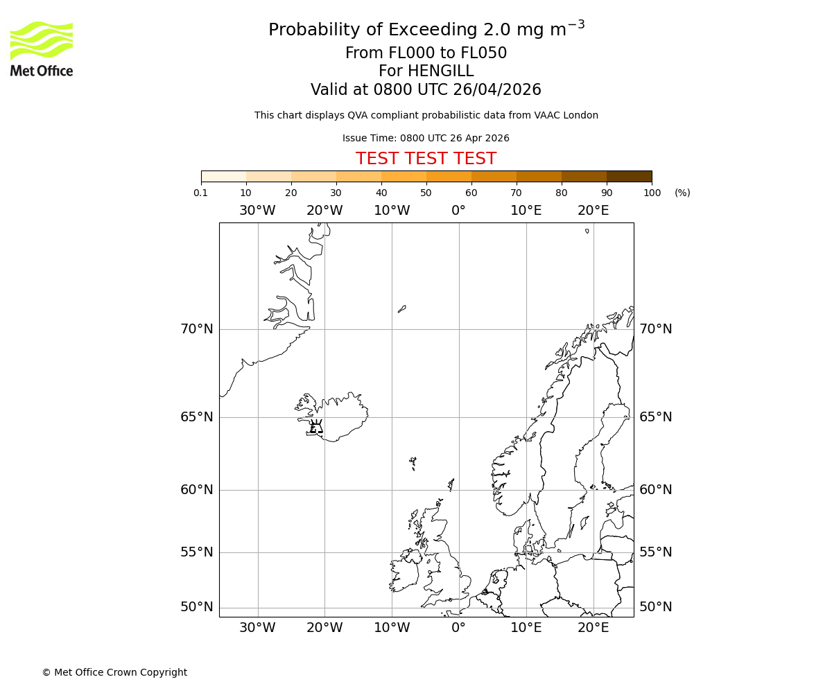 Probability of exceeding 2.0 milligrams per metre cubed. From 000 to 050 for HENGILL. Valid at 0800 UTC 26/04/2026