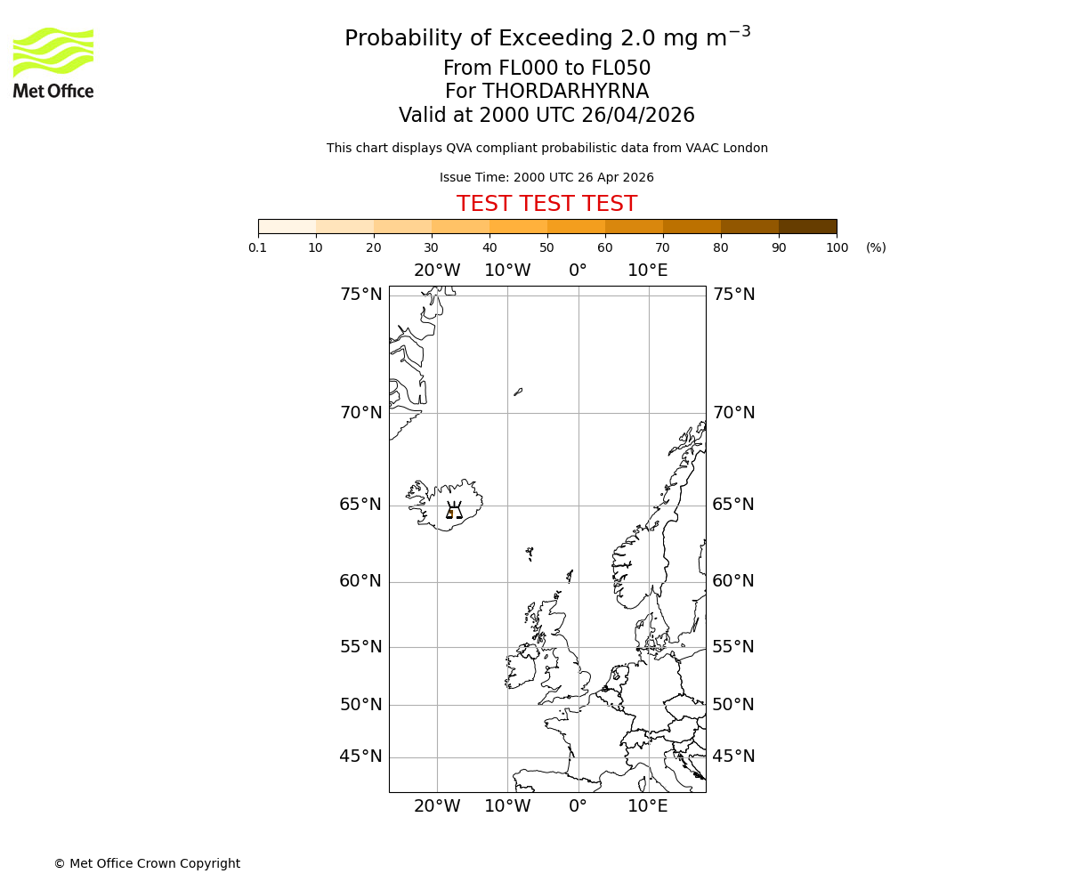Probability of exceeding 2.0 milligrams per metre cubed. From 000 to 050 for THORDARHYRNA. Valid at 2000 UTC 26/04/2026