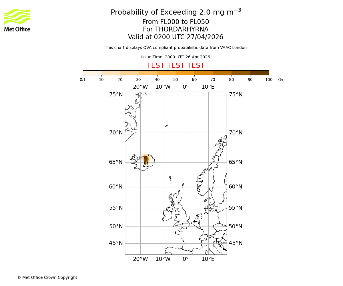 Probability of exceeding 2.0 milligrams per metre cubed. From 000 to 050 for THORDARHYRNA. Valid at 0200 UTC 27/04/2026