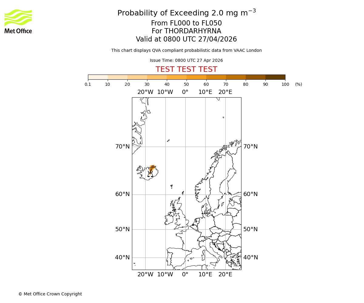 Probability of exceeding 2.0 milligrams per metre cubed. From 000 to 050 for THORDARHYRNA. Valid at 0800 UTC 27/04/2026