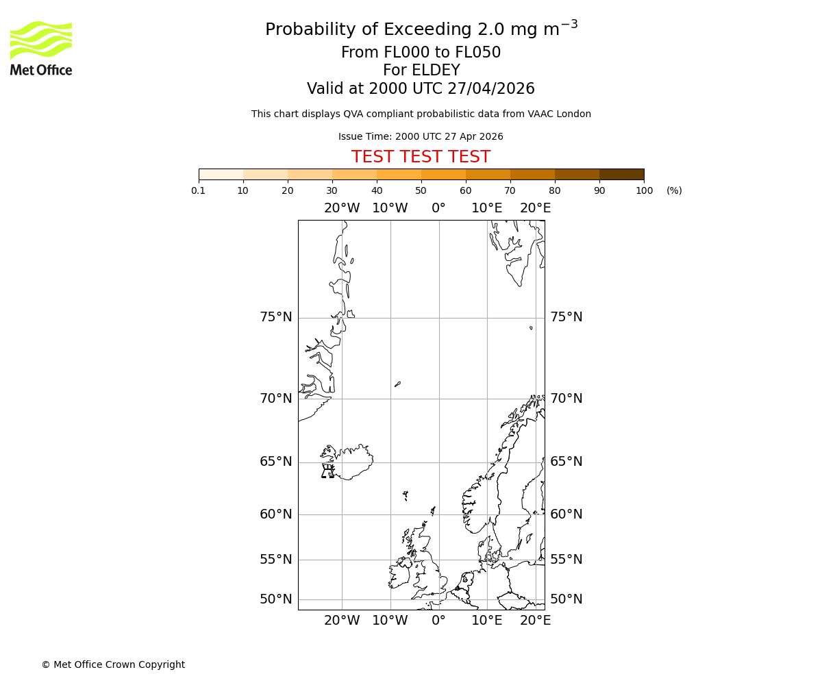 Probability of exceeding 2.0 milligrams per metre cubed. From 000 to 050 for ELDEY. Valid at 2000 UTC 27/04/2026