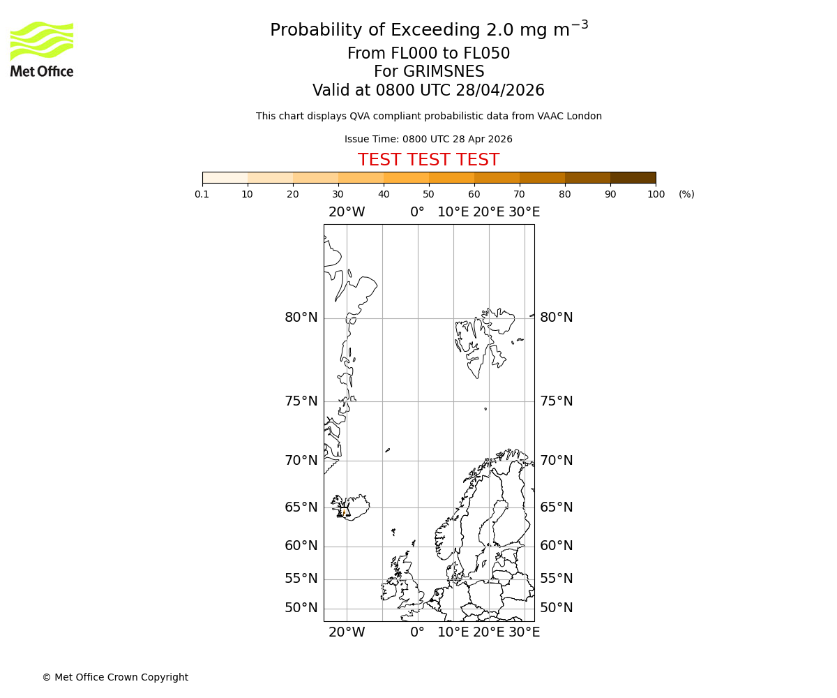 Probability of exceeding 2.0 milligrams per metre cubed. From 000 to 050 for GRIMSNES. Valid at 0800 UTC 28/04/2026