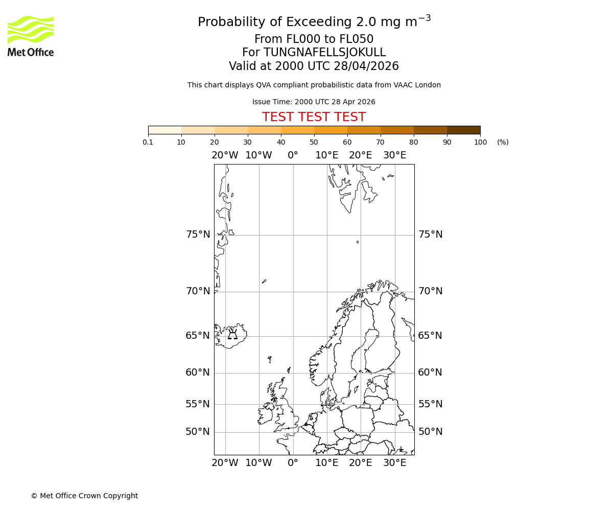 Probability of exceeding 2.0 milligrams per metre cubed. From 000 to 050 for TUNGNAFELLSJOKULL. Valid at 2000 UTC 28/04/2026