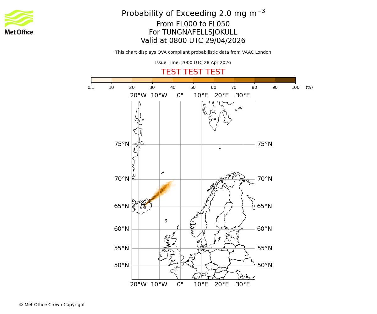 Probability of exceeding 2.0 milligrams per metre cubed. From 000 to 050 for TUNGNAFELLSJOKULL. Valid at 0800 UTC 29/04/2026