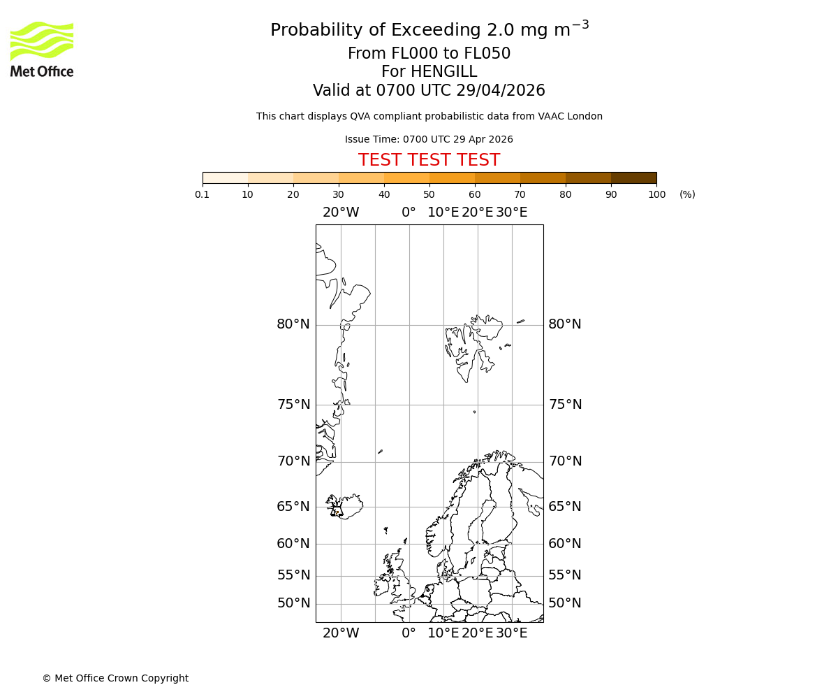 Probability of exceeding 2.0 milligrams per metre cubed. From 000 to 050 for HENGILL. Valid at 0700 UTC 29/04/2026