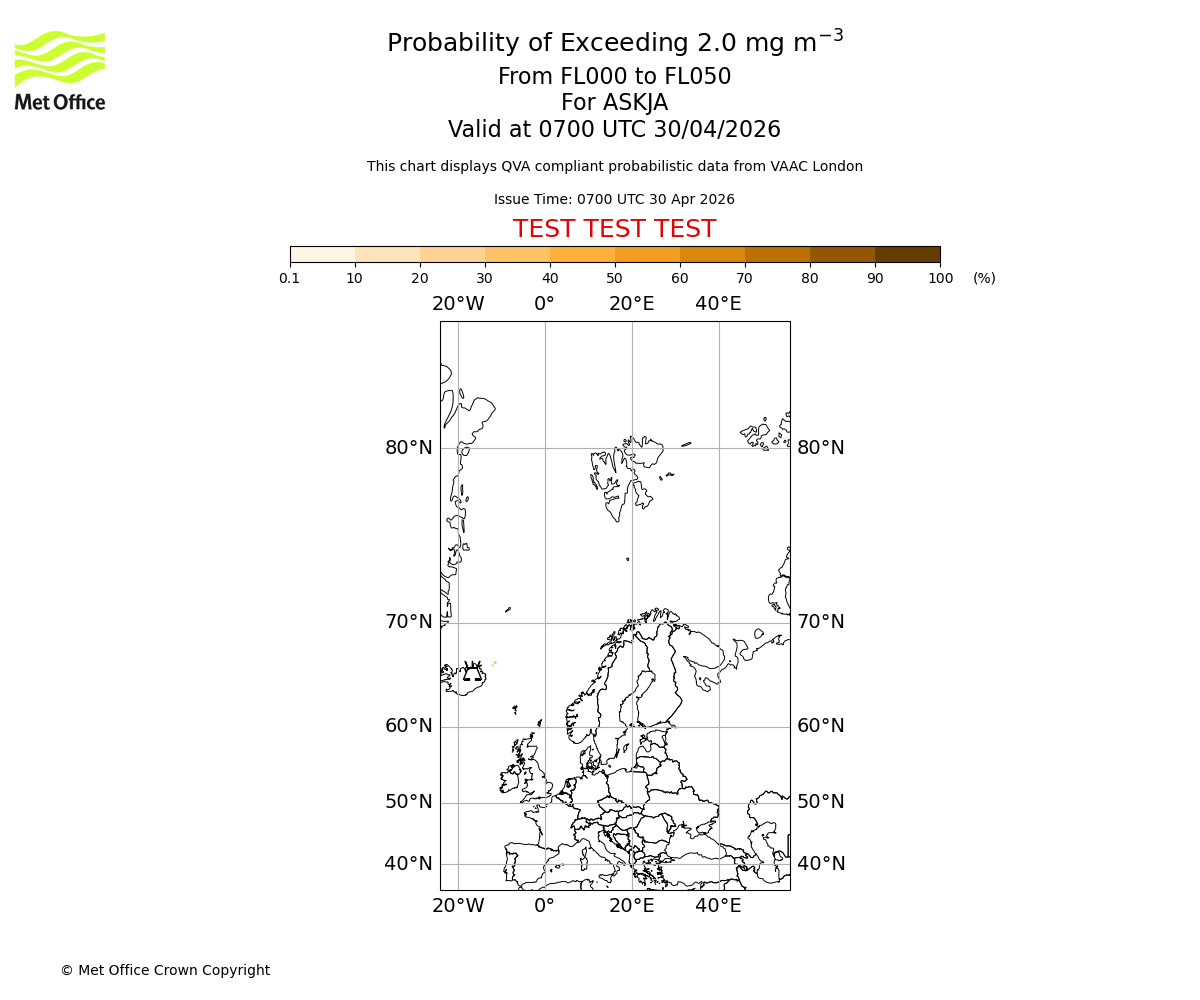 Probability of exceeding 2.0 milligrams per metre cubed. From 000 to 050 for ASKJA. Valid at 0700 UTC 30/04/2026