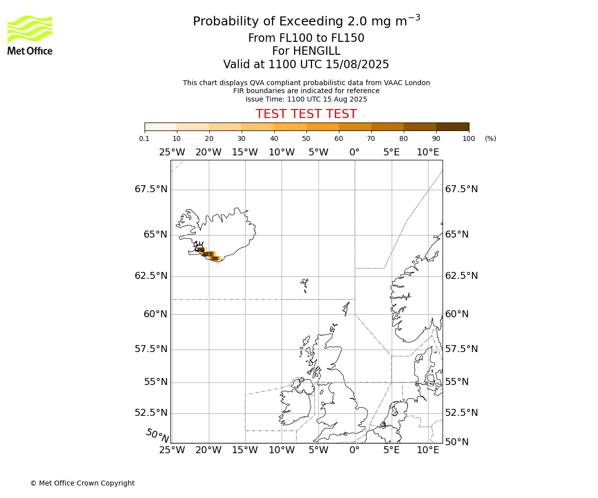 Probability of exceeding 2.0 milligrams per metre cubed. From 100 to 150 for HENGILL. Valid at 1100 UTC 15/08/2025