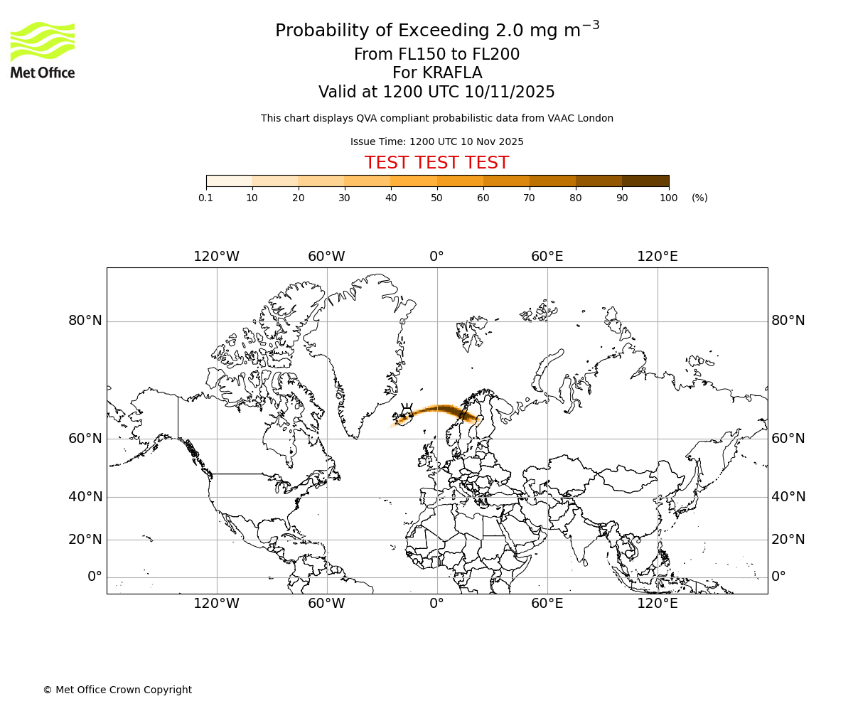 Probability of exceeding 2.0 milligrams per metre cubed. From 150 to 200 for KRAFLA. Valid at 1200 UTC 10/11/2025