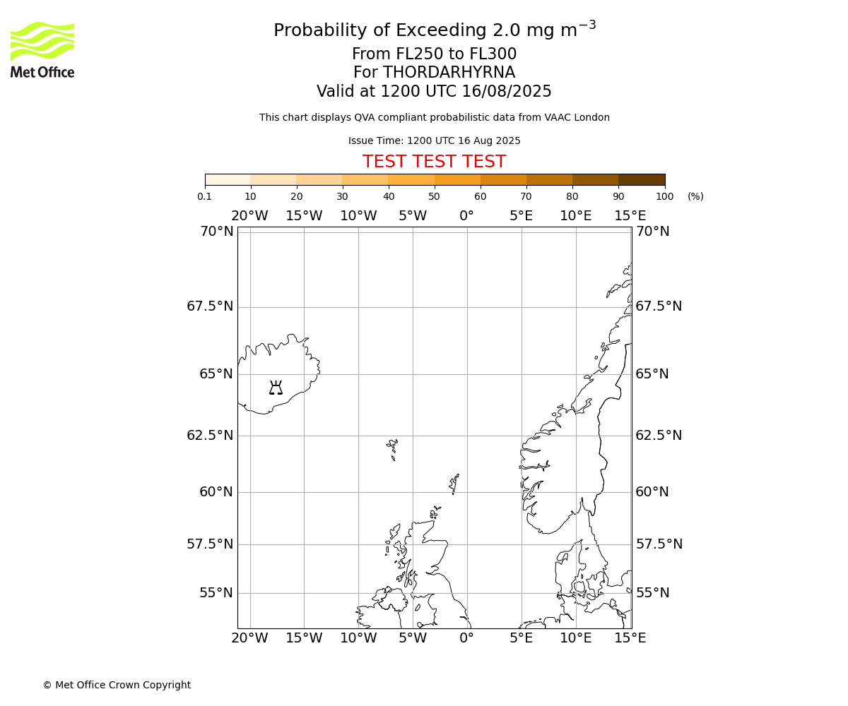 Probability of exceeding 2.0 milligrams per metre cubed. From 250 to 300 for THORDARHYRNA. Valid at 1200 UTC 16/08/2025