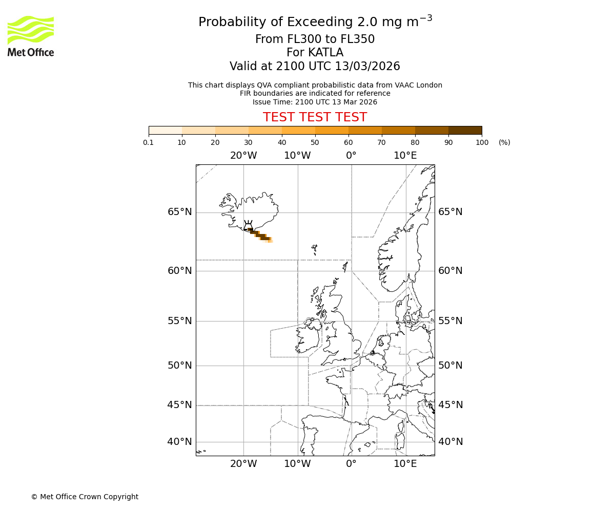 Probability of exceeding 2.0 milligrams per metre cubed. From 300 to 350 for KATLA. Valid at 2100 UTC 13/03/2026
