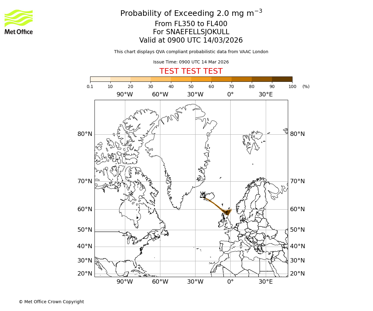 Probability of exceeding 2.0 milligrams per metre cubed. From 350 to 400 for SNAEFELLSJOKULL. Valid at 0900 UTC 14/03/2026