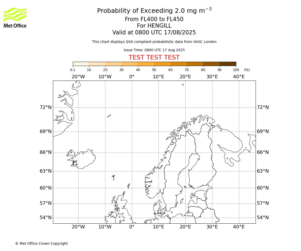 Probability of exceeding 2.0 milligrams per metre cubed. From 400 to 450 for HENGILL. Valid at 0800 UTC 17/08/2025