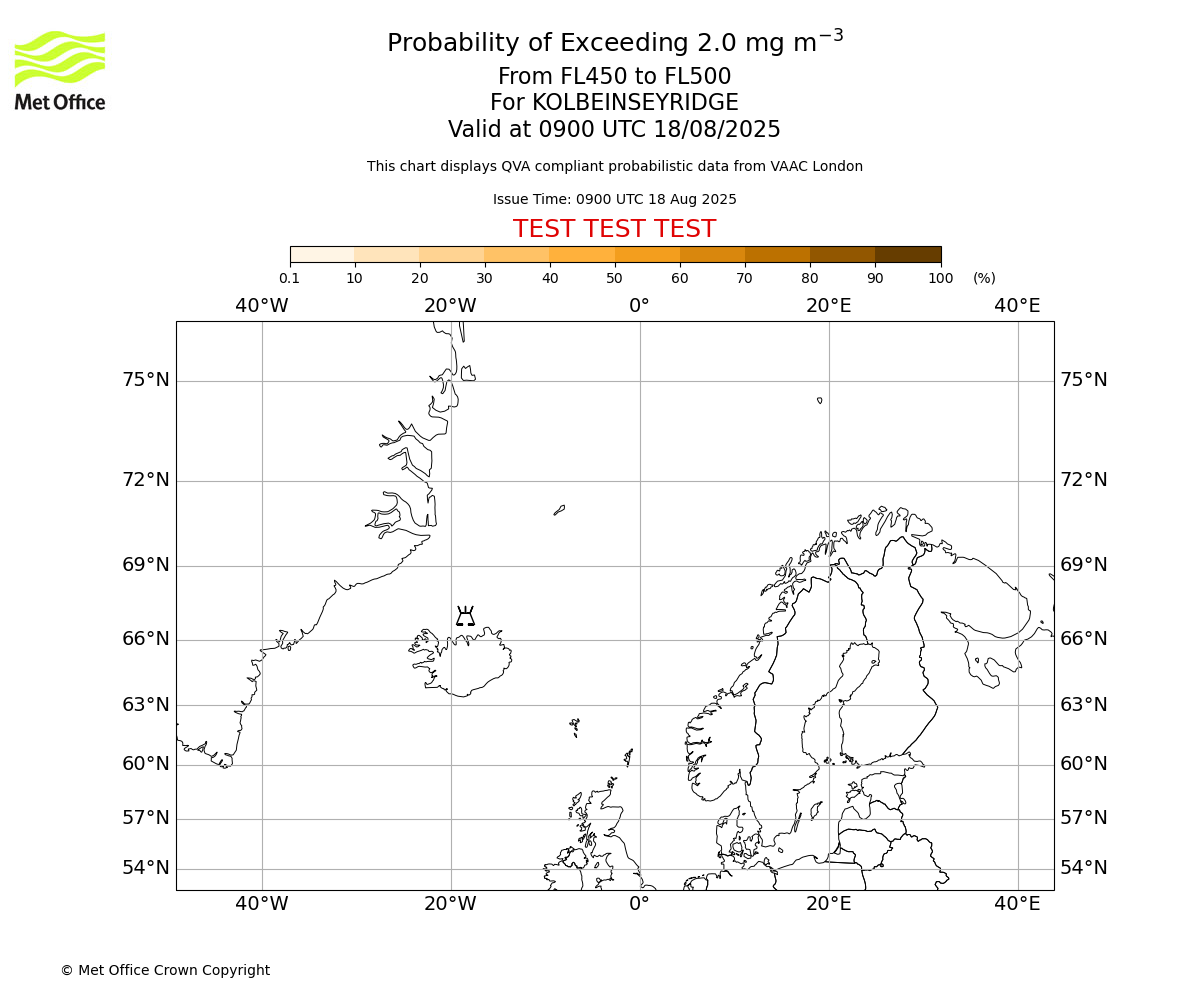 Probability of exceeding 2.0 milligrams per metre cubed. From 450 to 500 for KOLBEINSEYRIDGE. Valid at 0900 UTC 18/08/2025