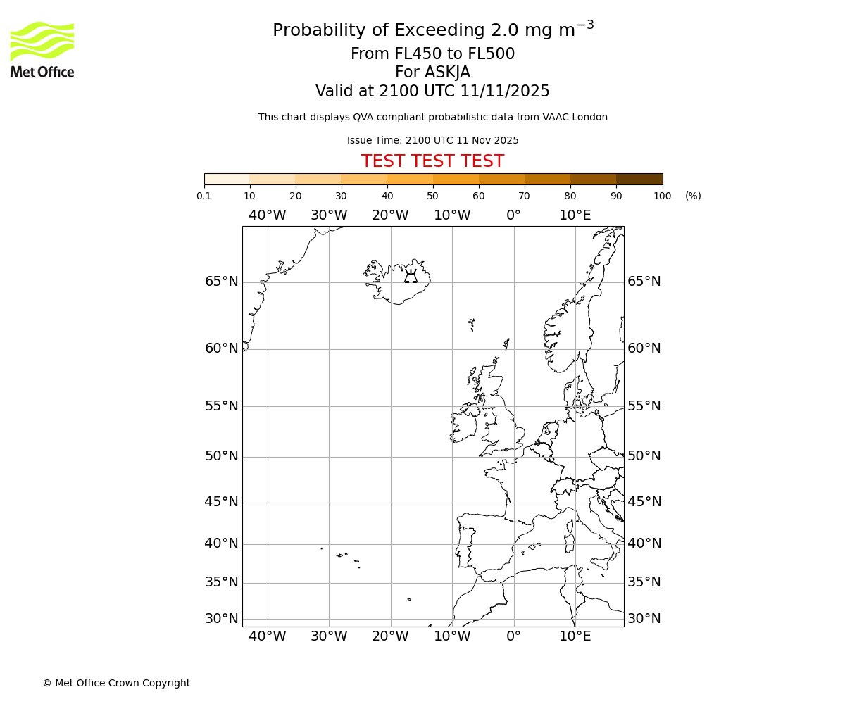 Probability of exceeding 2.0 milligrams per metre cubed. From 450 to 500 for ASKJA. Valid at 2100 UTC 11/11/2025