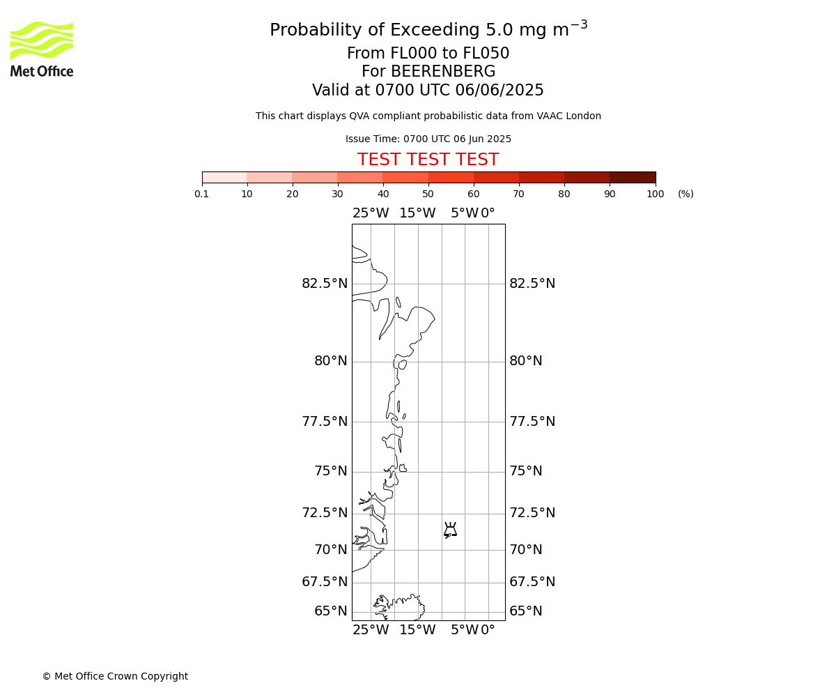Probability of exceeding 5.0 milligrams per metre cubed. From 000 to 050 for BEERENBERG. Valid at 0700 UTC 06/06/2025