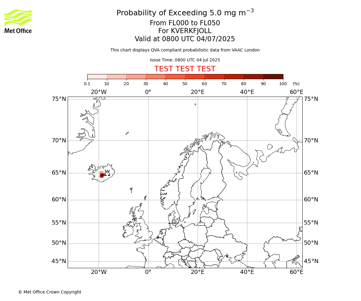 Probability of exceeding 5.0 milligrams per metre cubed. From 000 to 050 for KVERKFJOLL. Valid at 0800 UTC 04/07/2025