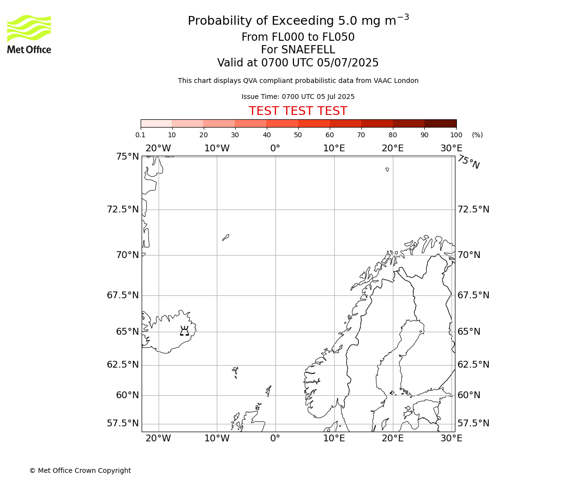 Probability of exceeding 5.0 milligrams per metre cubed. From 000 to 050 for SNAEFELL. Valid at 0700 UTC 05/07/2025