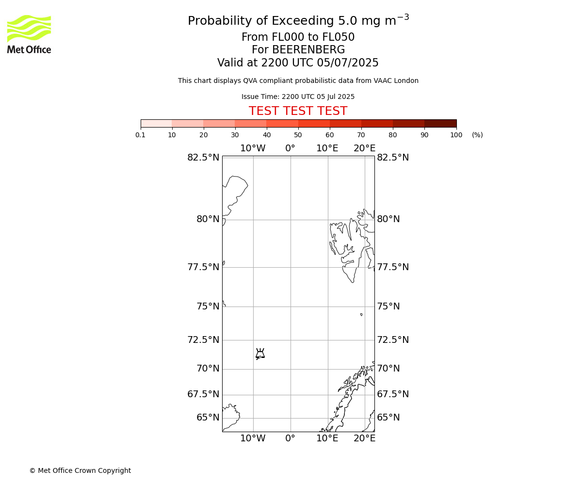 Probability of exceeding 5.0 milligrams per metre cubed. From 000 to 050 for BEERENBERG. Valid at 2200 UTC 05/07/2025