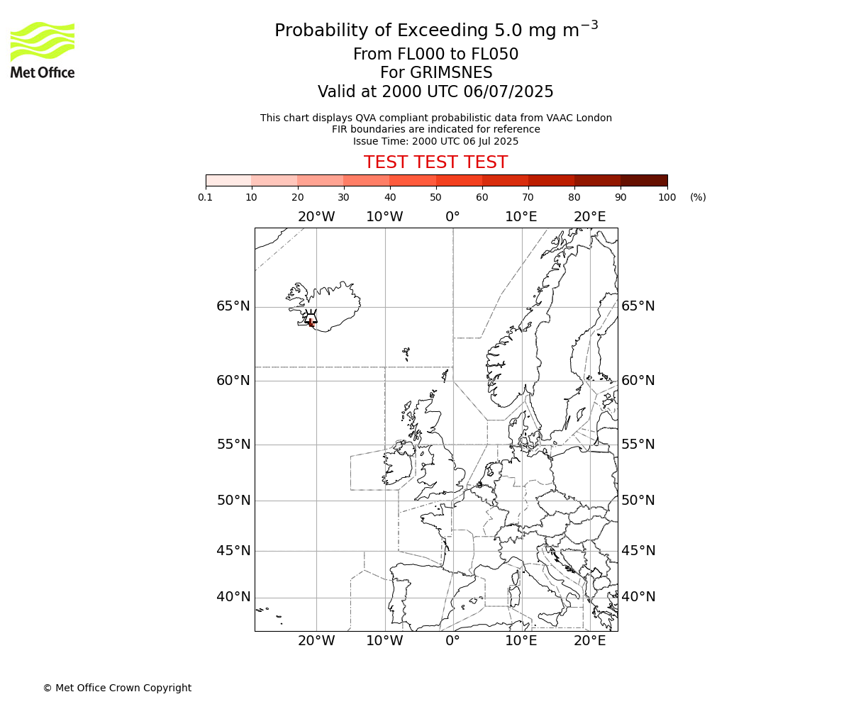 Probability of exceeding 5.0 milligrams per metre cubed. From 000 to 050 for GRIMSNES. Valid at 2000 UTC 06/07/2025