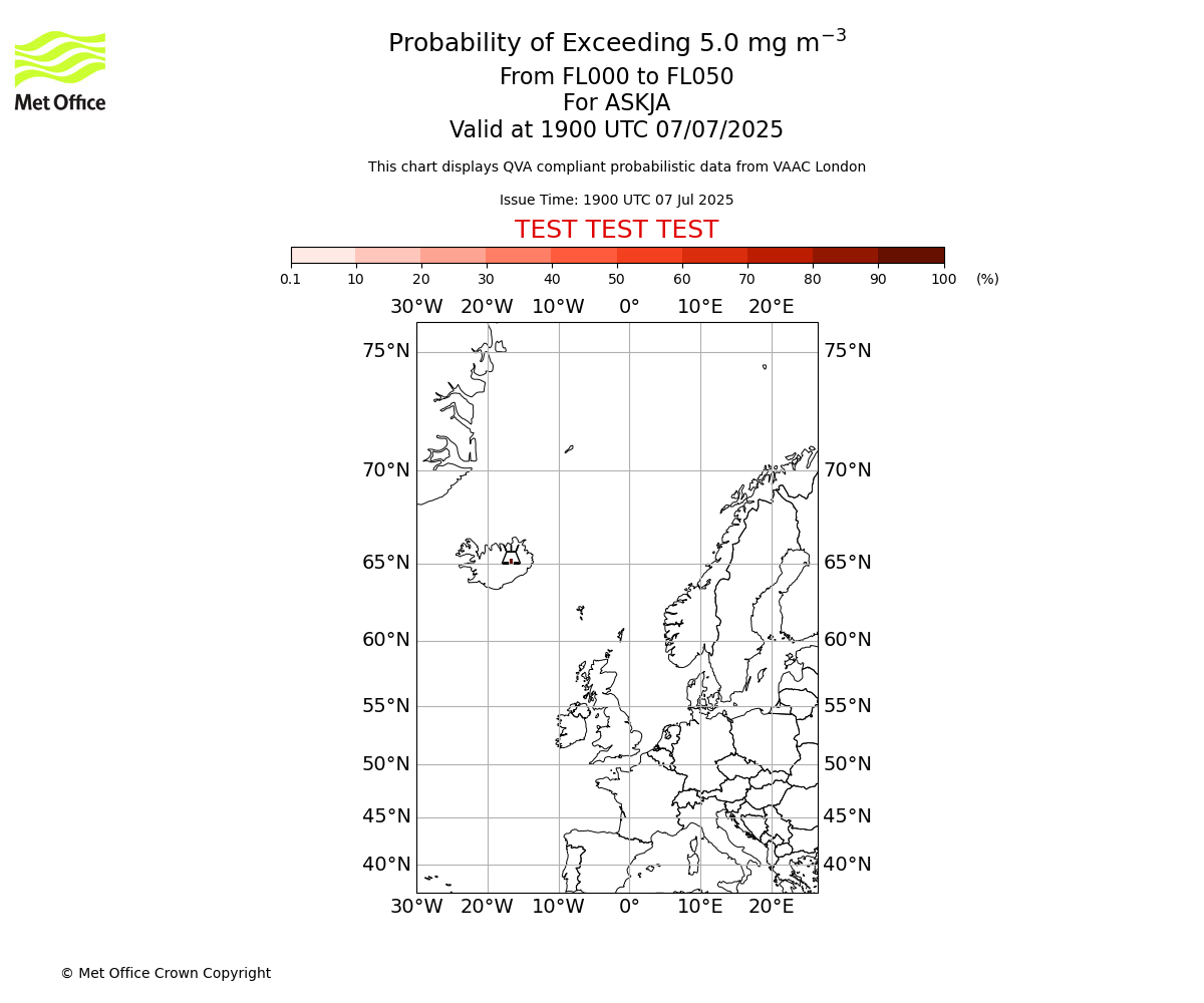 Probability of exceeding 5.0 milligrams per metre cubed. From 000 to 050 for ASKJA. Valid at 1900 UTC 07/07/2025