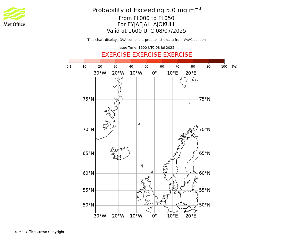 Probability of exceeding 5.0 milligrams per metre cubed. From 000 to 050 for EYJAFJALLAJOKULL. Valid at 1600 UTC 08/07/2025
