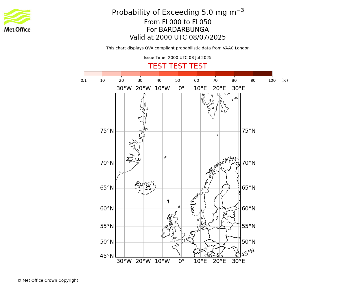 Probability of exceeding 5.0 milligrams per metre cubed. From 000 to 050 for BARDARBUNGA. Valid at 2000 UTC 08/07/2025