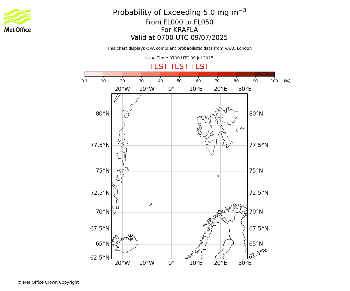 Probability of exceeding 5.0 milligrams per metre cubed. From 000 to 050 for KRAFLA. Valid at 0700 UTC 09/07/2025