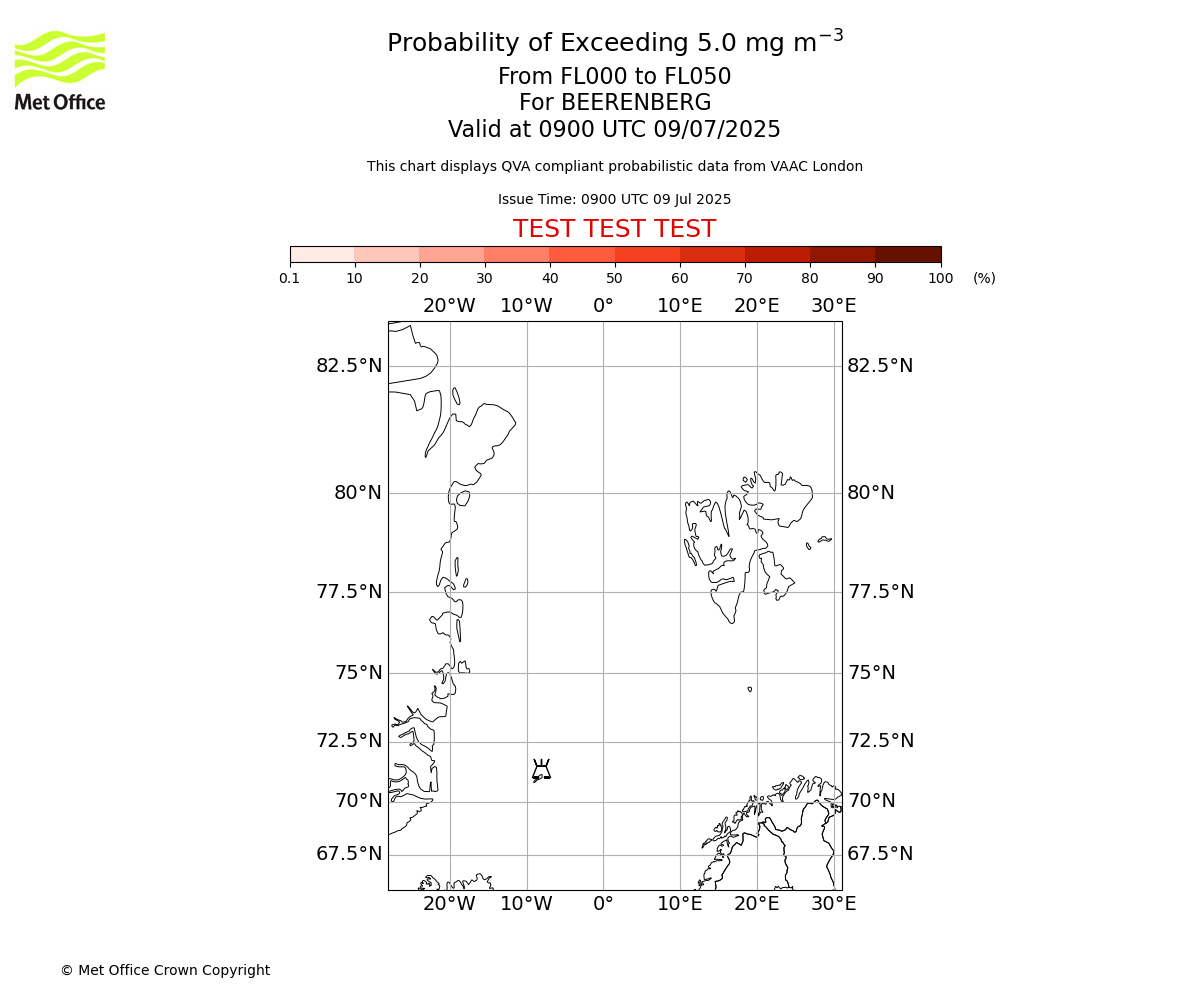 Probability of exceeding 5.0 milligrams per metre cubed. From 000 to 050 for BEERENBERG. Valid at 0900 UTC 09/07/2025