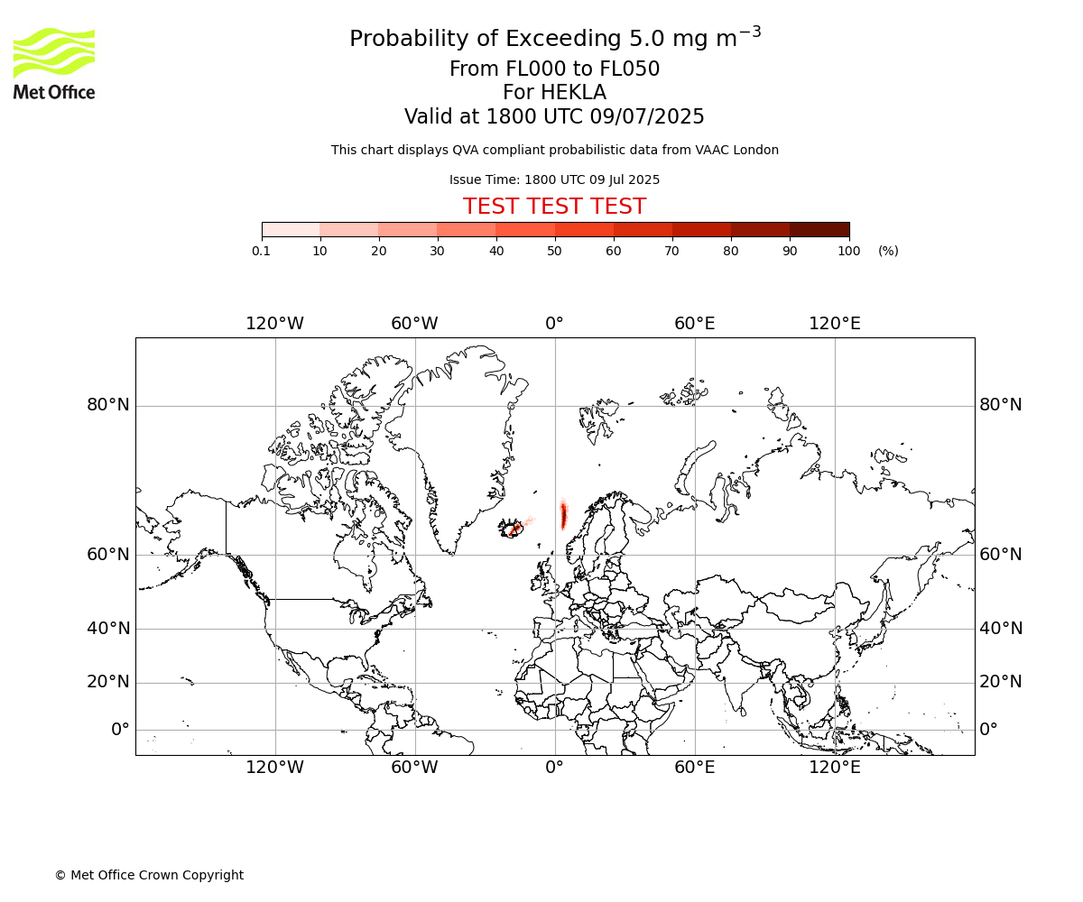 Probability of exceeding 5.0 milligrams per metre cubed. From 000 to 050 for HEKLA. Valid at 1800 UTC 09/07/2025