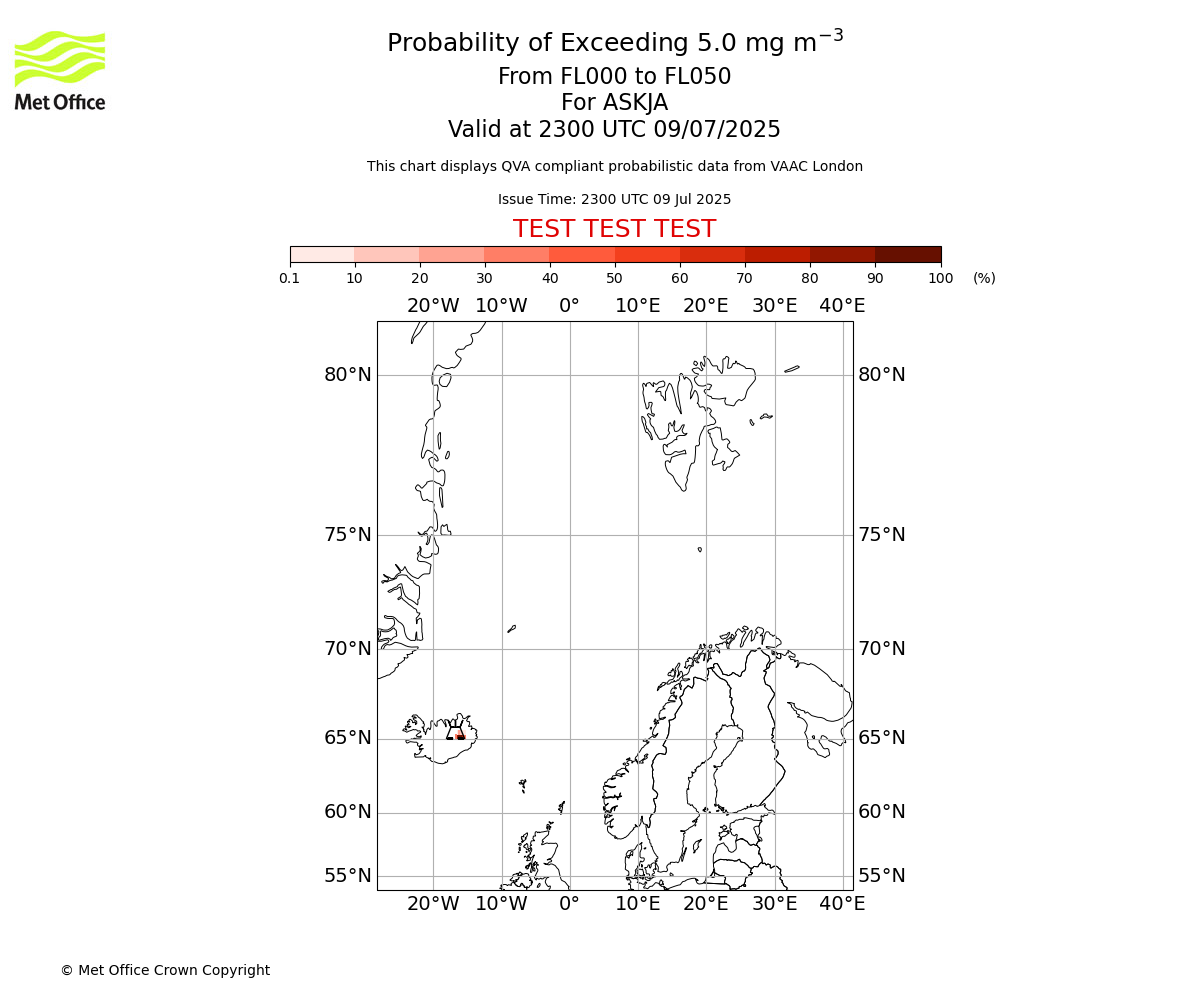 Probability of exceeding 5.0 milligrams per metre cubed. From 000 to 050 for ASKJA. Valid at 2300 UTC 09/07/2025
