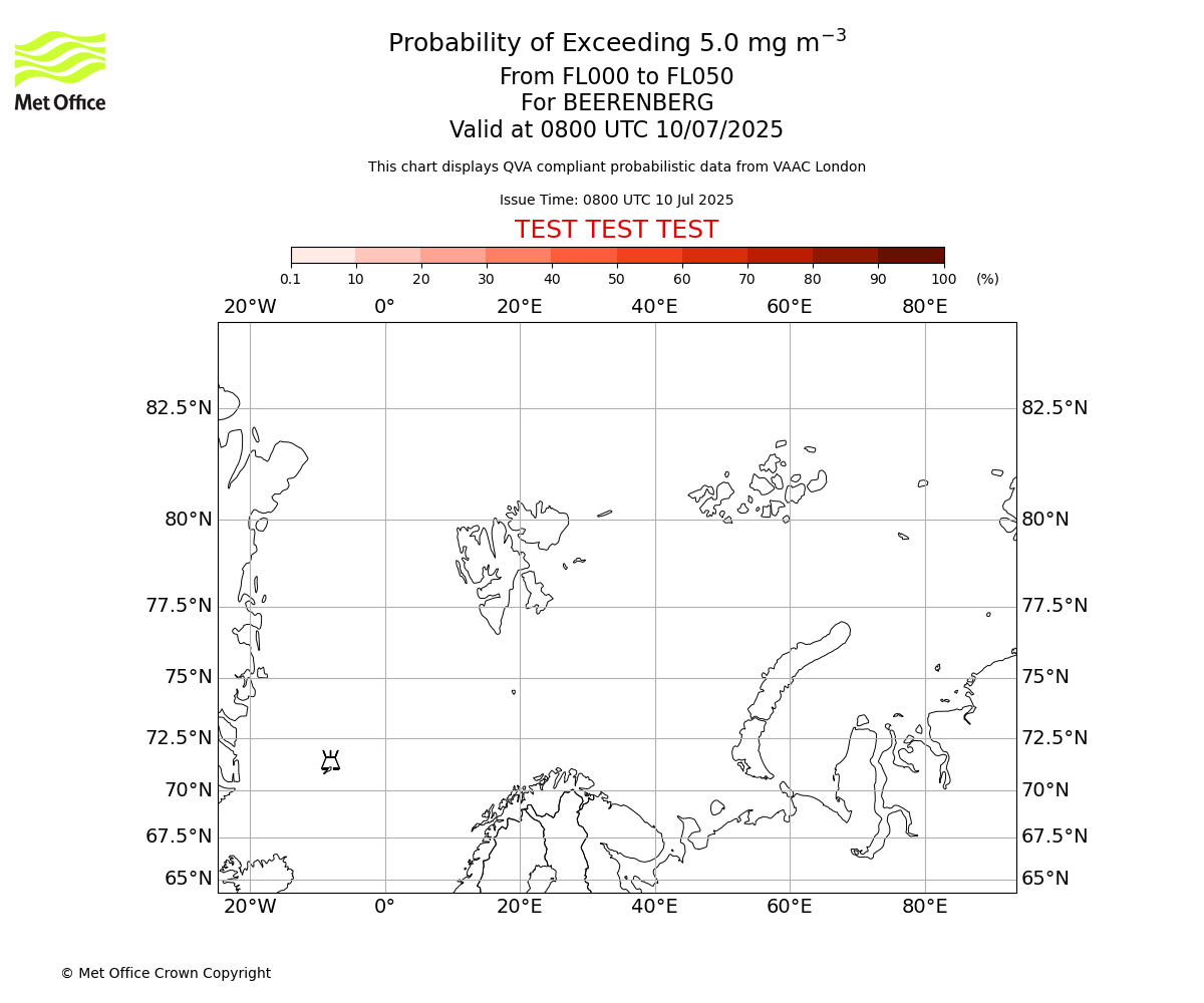 Probability of exceeding 5.0 milligrams per metre cubed. From 000 to 050 for BEERENBERG. Valid at 0800 UTC 10/07/2025