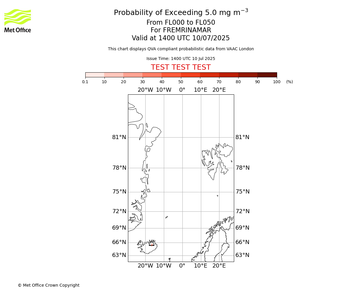 Probability of exceeding 5.0 milligrams per metre cubed. From 000 to 050 for FREMRINAMAR. Valid at 1400 UTC 10/07/2025