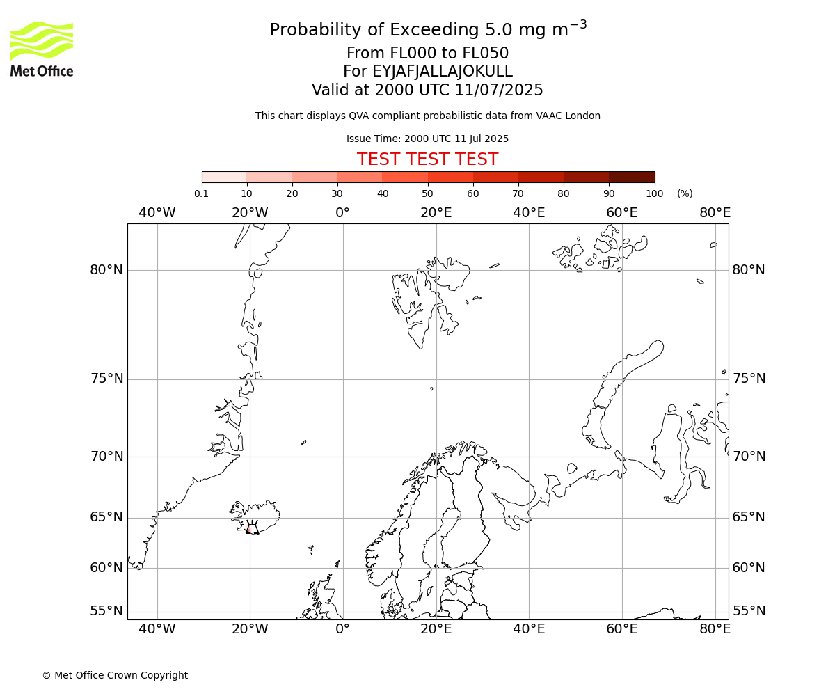Probability of exceeding 5.0 milligrams per metre cubed. From 000 to 050 for EYJAFJALLAJOKULL. Valid at 2000 UTC 11/07/2025