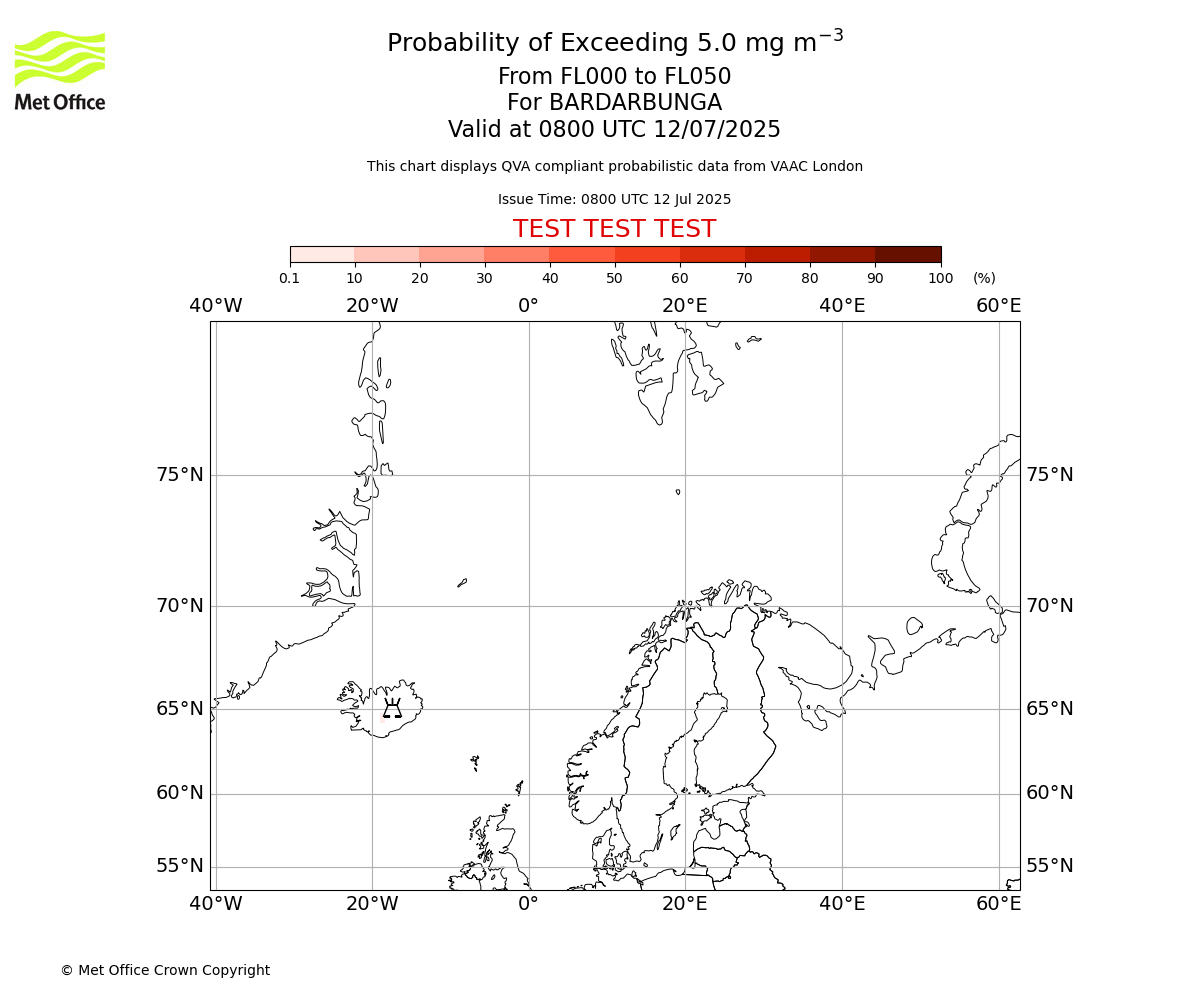 Probability of exceeding 5.0 milligrams per metre cubed. From 000 to 050 for BARDARBUNGA. Valid at 0800 UTC 12/07/2025