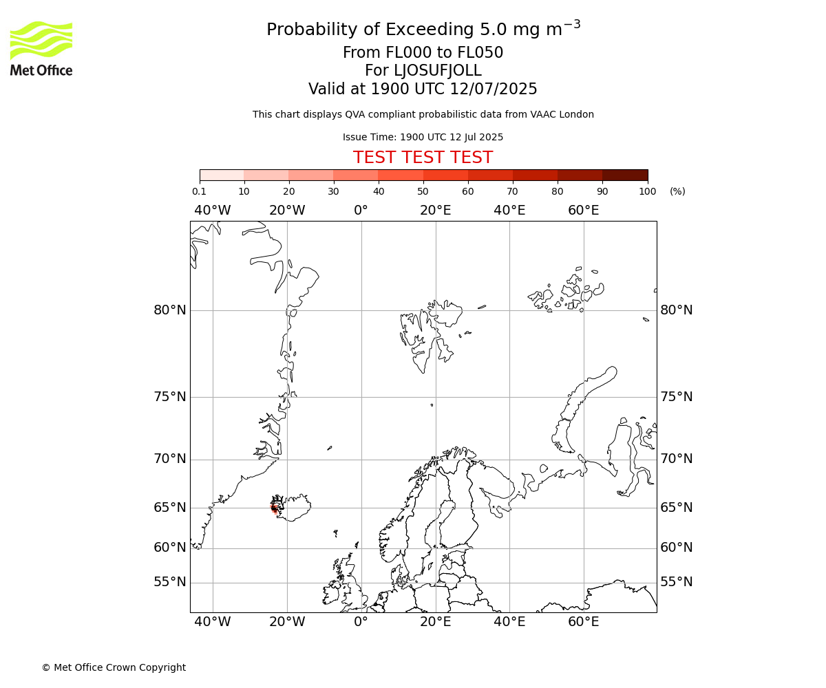 Probability of exceeding 5.0 milligrams per metre cubed. From 000 to 050 for LJOSUFJOLL. Valid at 1900 UTC 12/07/2025