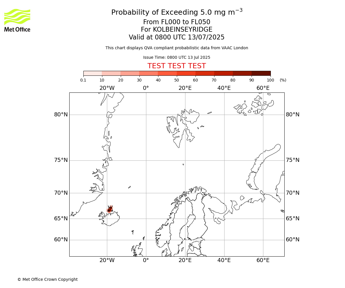 Probability of exceeding 5.0 milligrams per metre cubed. From 000 to 050 for KOLBEINSEYRIDGE. Valid at 0800 UTC 13/07/2025
