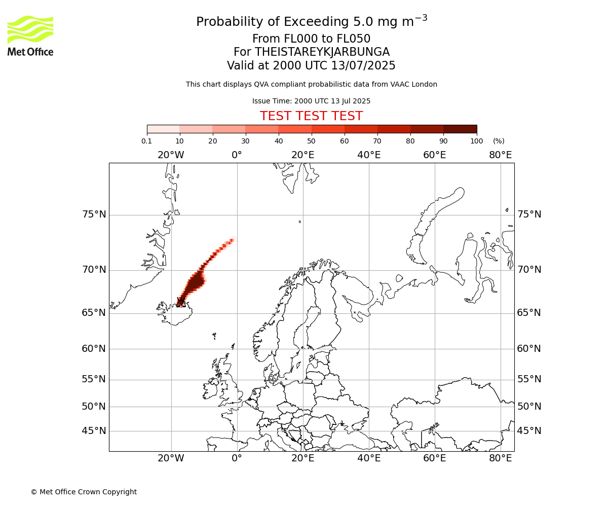 Probability of exceeding 5.0 milligrams per metre cubed. From 000 to 050 for THEISTAREYKJARBUNGA. Valid at 2000 UTC 13/07/2025
