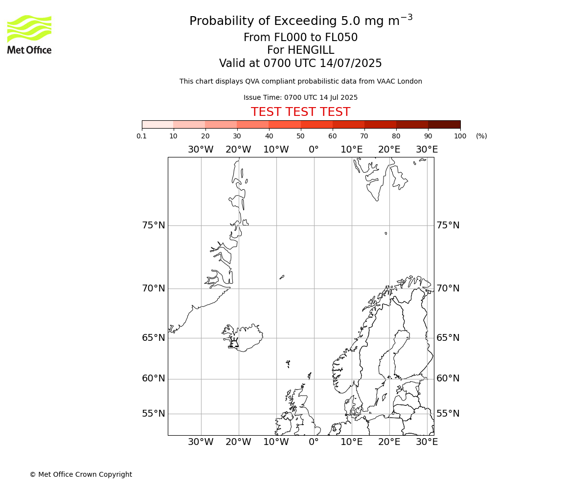Probability of exceeding 5.0 milligrams per metre cubed. From 000 to 050 for HENGILL. Valid at 0700 UTC 14/07/2025