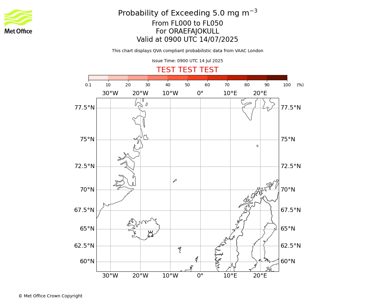 Probability of exceeding 5.0 milligrams per metre cubed. From 000 to 050 for ORAEFAJOKULL. Valid at 0900 UTC 14/07/2025