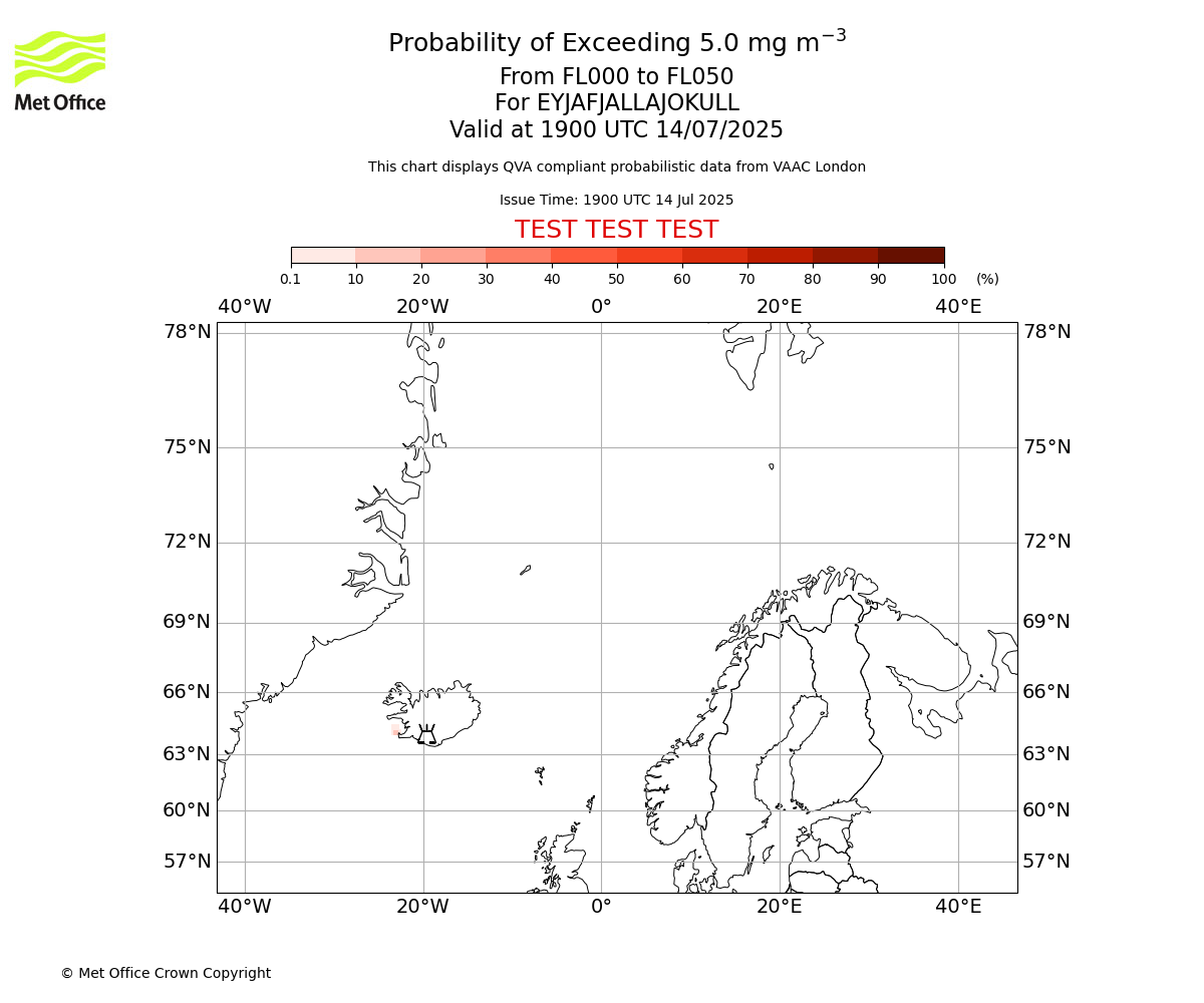 Probability of exceeding 5.0 milligrams per metre cubed. From 000 to 050 for EYJAFJALLAJOKULL. Valid at 1900 UTC 14/07/2025