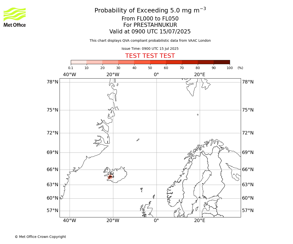 Probability of exceeding 5.0 milligrams per metre cubed. From 000 to 050 for PRESTAHNUKUR. Valid at 0900 UTC 15/07/2025