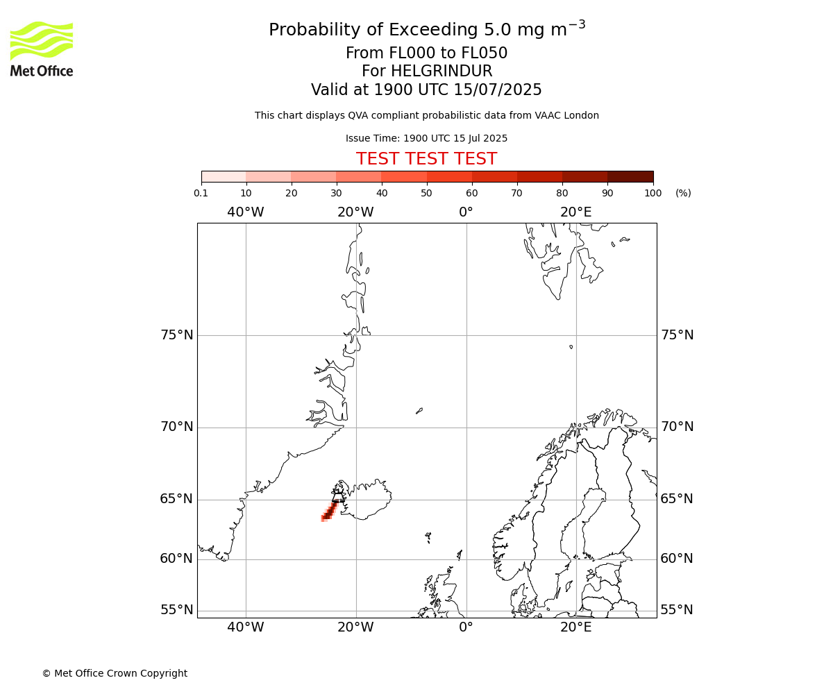 Probability of exceeding 5.0 milligrams per metre cubed. From 000 to 050 for HELGRINDUR. Valid at 1900 UTC 15/07/2025