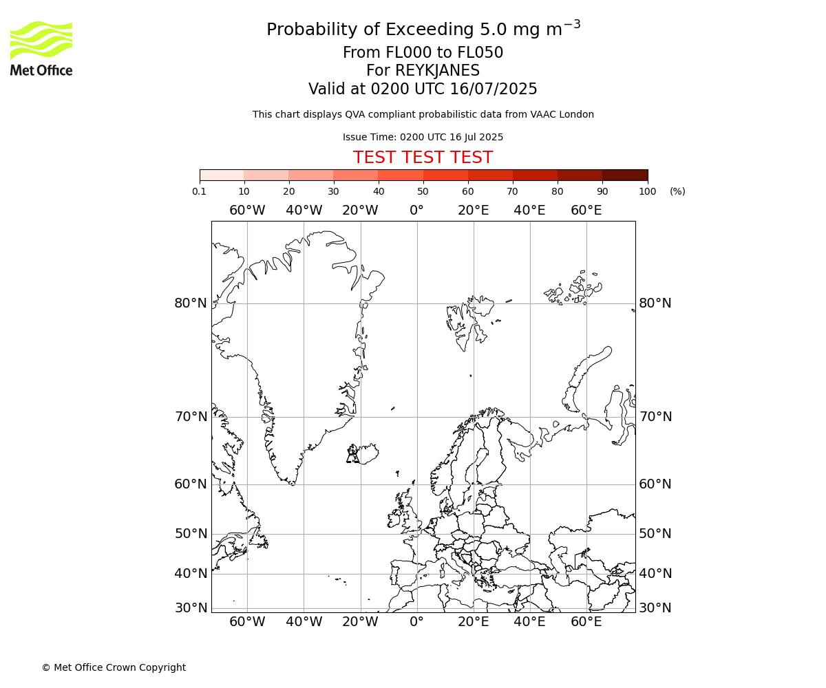 Probability of exceeding 5.0 milligrams per metre cubed. From 000 to 050 for REYKJANES. Valid at 0200 UTC 16/07/2025