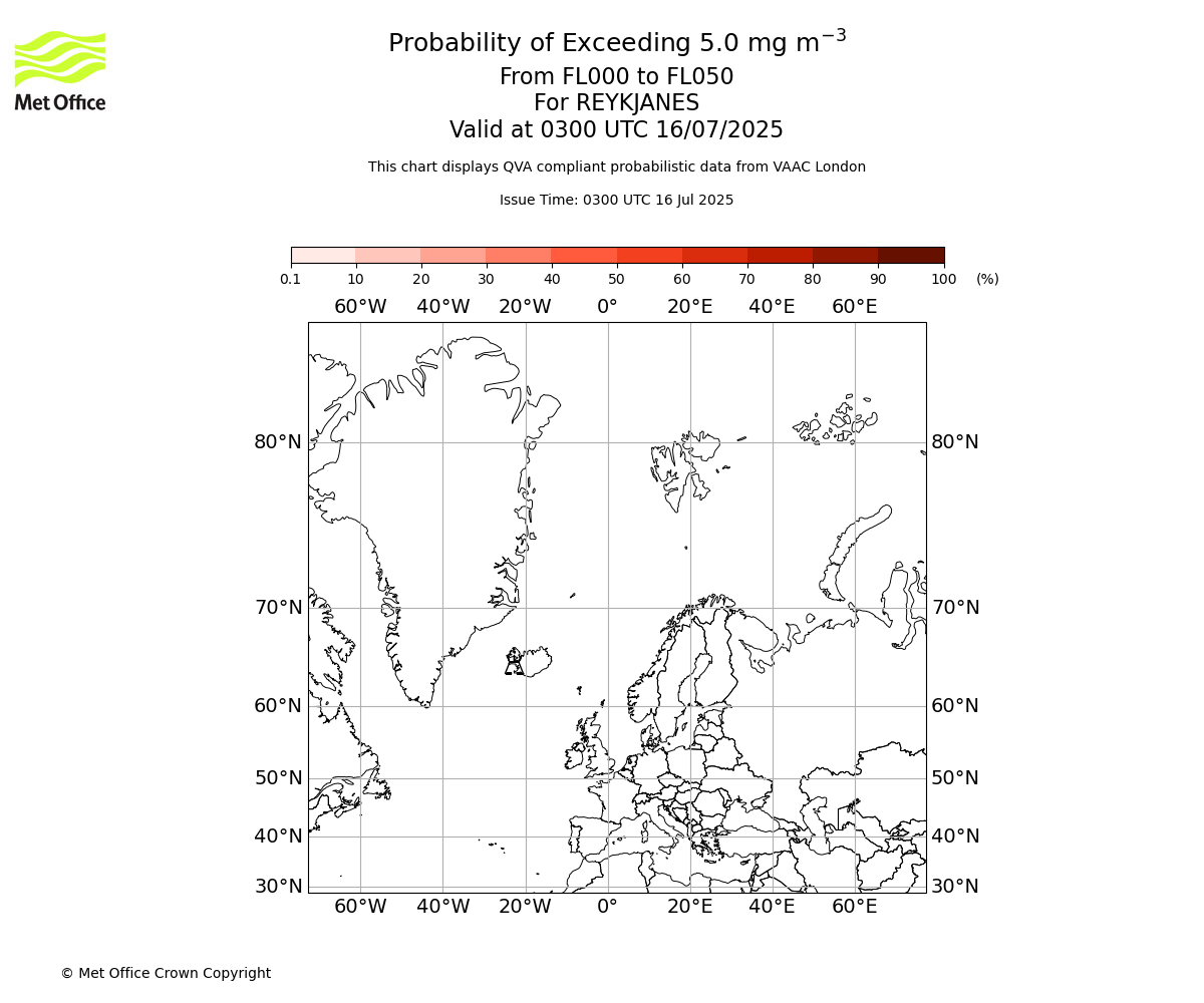 Probability of exceeding 5.0 milligrams per metre cubed. From 000 to 050 for REYKJANES. Valid at 0300 UTC 16/07/2025