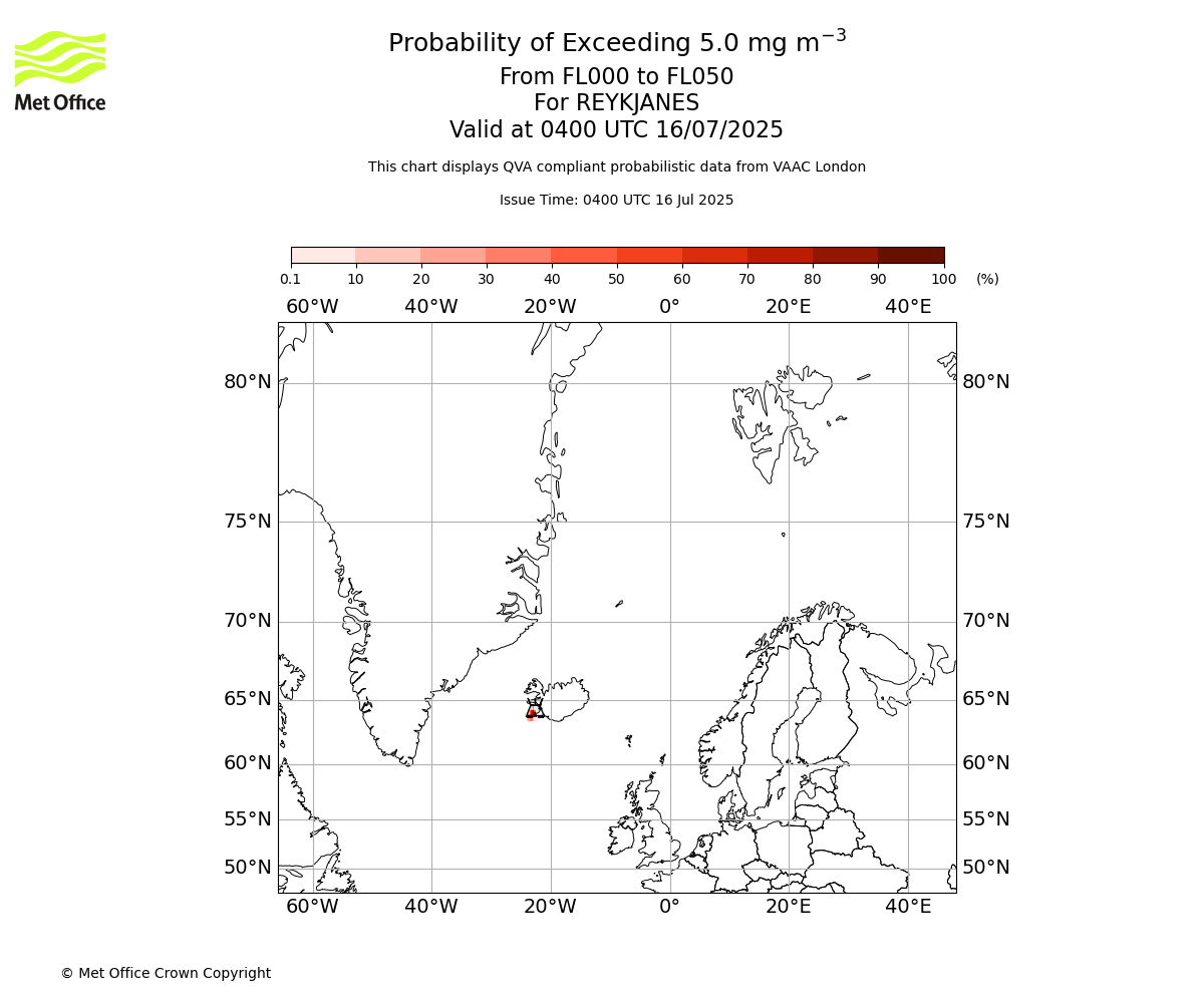Probability of exceeding 5.0 milligrams per metre cubed. From 000 to 050 for REYKJANES. Valid at 0400 UTC 16/07/2025