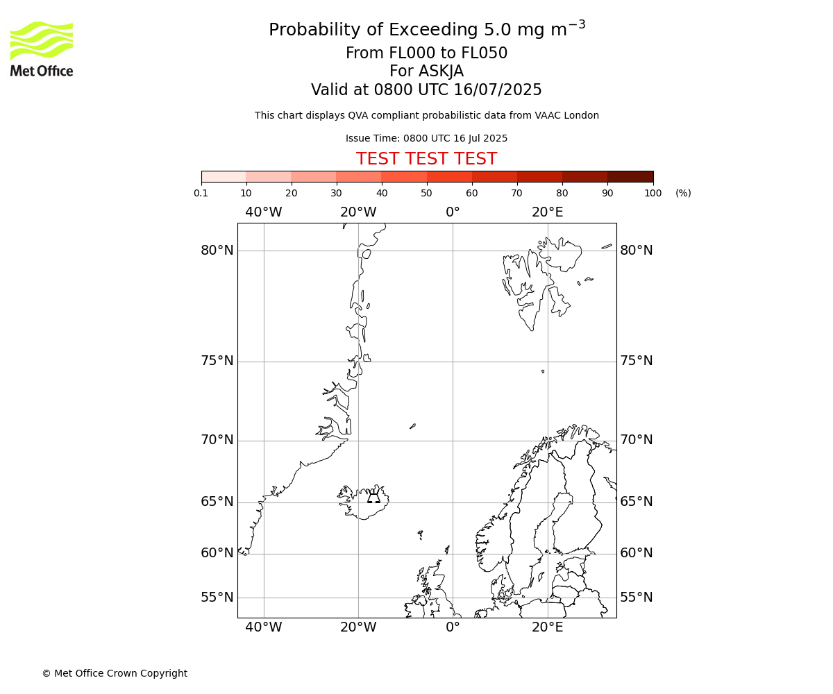 Probability of exceeding 5.0 milligrams per metre cubed. From 000 to 050 for ASKJA. Valid at 0800 UTC 16/07/2025
