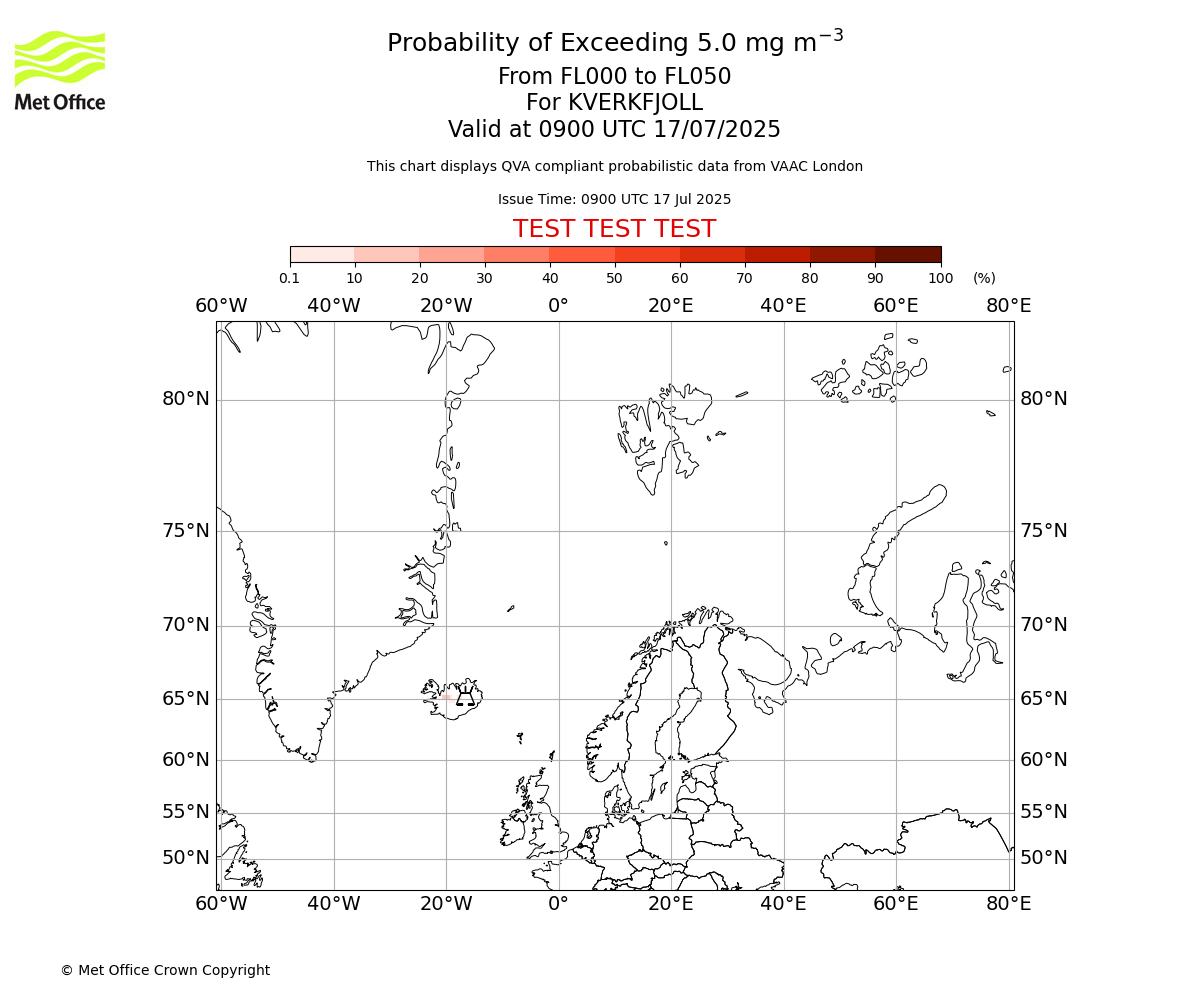 Probability of exceeding 5.0 milligrams per metre cubed. From 000 to 050 for KVERKFJOLL. Valid at 0900 UTC 17/07/2025
