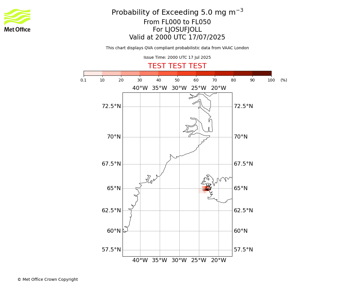 Probability of exceeding 5.0 milligrams per metre cubed. From 000 to 050 for LJOSUFJOLL. Valid at 2000 UTC 17/07/2025