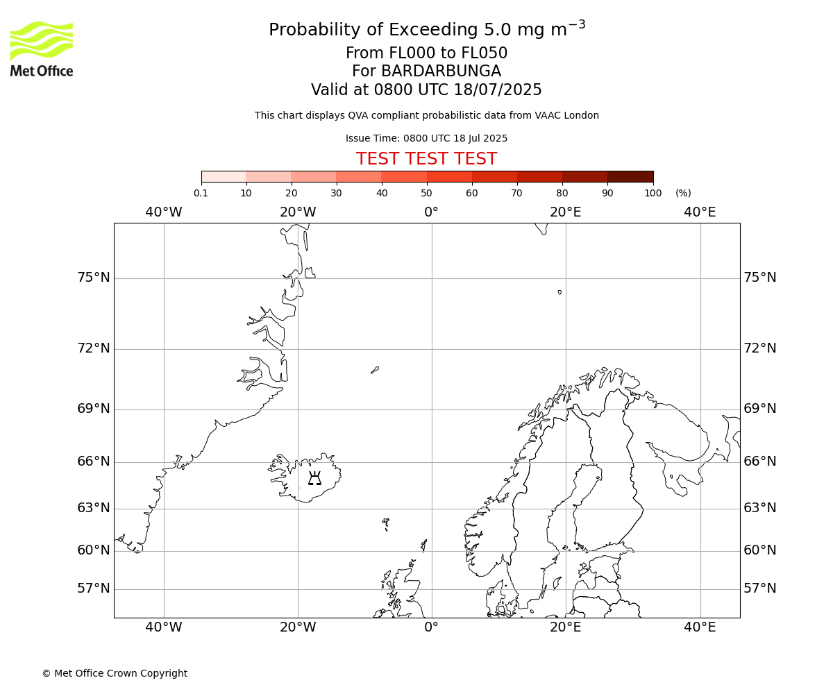 Probability of exceeding 5.0 milligrams per metre cubed. From 000 to 050 for BARDARBUNGA. Valid at 0800 UTC 18/07/2025