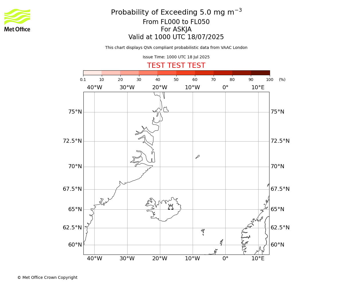 Probability of exceeding 5.0 milligrams per metre cubed. From 000 to 050 for ASKJA. Valid at 1000 UTC 18/07/2025